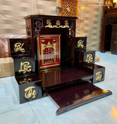 Bàn thờ thần tài ông địa "Phúc Lộc Thọ" gỗ cao su dát vàng BD40
