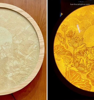 Tranh trúc chỉ mẫu hoa sen & mặt trăng mây trời TTC25