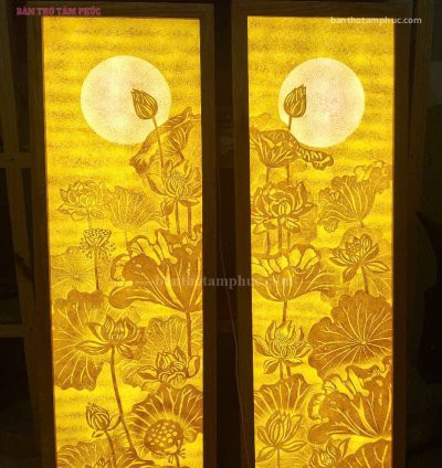 Tranh trúc chỉ đối nhau mẫu hoa sen & trăng TTC27.