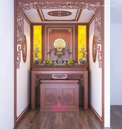 Mẫu phòng thờ đẹp, phòng thờ phật kết hợp gia tiên, trang trí phòng thờ gỗ sồi A25