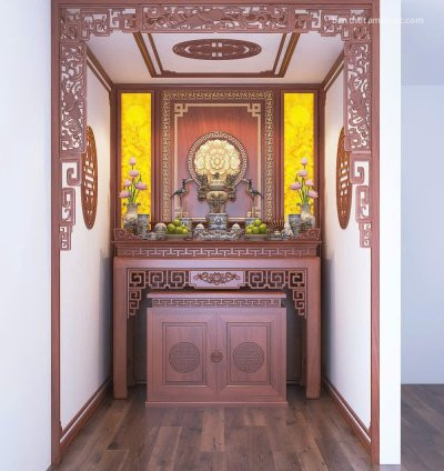 Mẫu phòng thờ đẹp, phòng thờ phật kết hợp gia tiên, trang trí phòng thờ gỗ sồi A25
