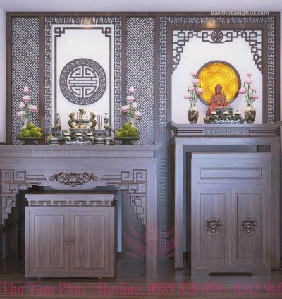 Mẫu phòng thờ đẹp, phòng thờ phật kết hợp gia tiên, trang trí phòng thờ gỗ Gụ A41.