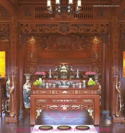 Mẫu phòng thờ đẹp, phòng thờ phật kết hợp gia tiên và thần tài, trang trí phòng thờ gỗ Hương A57.