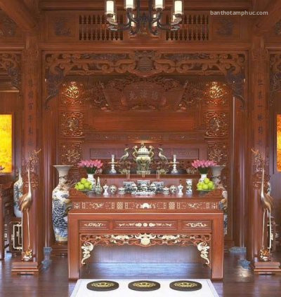 Mẫu phòng thờ đẹp, phòng thờ phật kết hợp gia tiên và thần tài, trang trí phòng thờ gỗ Hương A57.