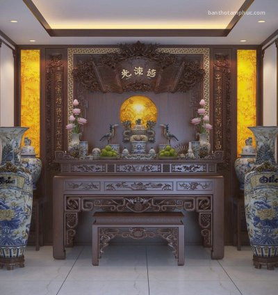 Mẫu phòng thờ đẹp, phòng thờ gia tiên, trang trí phòng thờ gỗ Gụ A60.