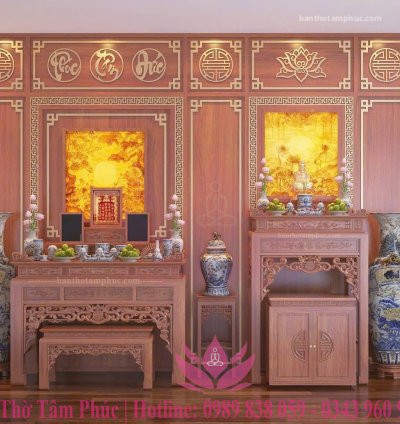 Mẫu phòng thờ đẹp, phòng thờ phật kết hợp gia tiên, trang trí phòng thờ gỗ Hương A66.