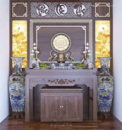 Mẫu phòng thờ đẹp, phòng thờ gia tiên, trang trí phòng thờ gỗ Sồi A73.