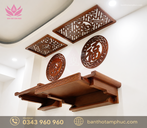 Mẫu bàn thờ treo tường kết hợp bàn thờ phật và gia tiên, bàn thờ treo tường mẫu chân gọn gỗ Gõ BTTTG03