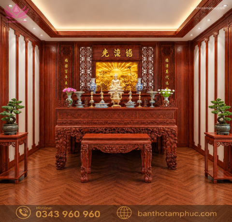 Mẫu phòng thờ đẹp, phòng thờ phật kết hợp gia tiên, trang trí phòng thờ gỗ Hương đá A01