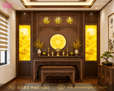 Mẫu phòng thờ đẹp, phòng thờ gia tiên, trang trí phòng thờ gỗ Sồi A03