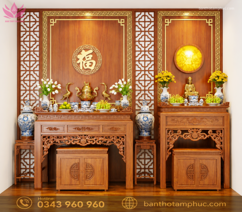 Mẫu phòng thờ đẹp, phòng thờ phật kết hợp gia tiên, trang trí phòng thờ gỗ Hương A08