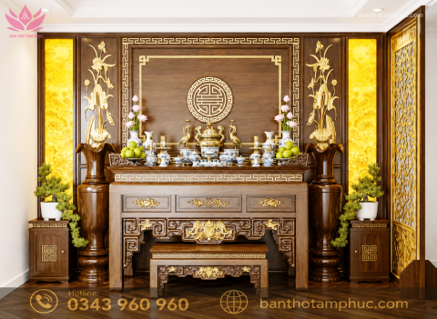 Mẫu phòng thờ đẹp, phòng thờ gia tiên, trang trí phòng thờ gỗ Sồi A10