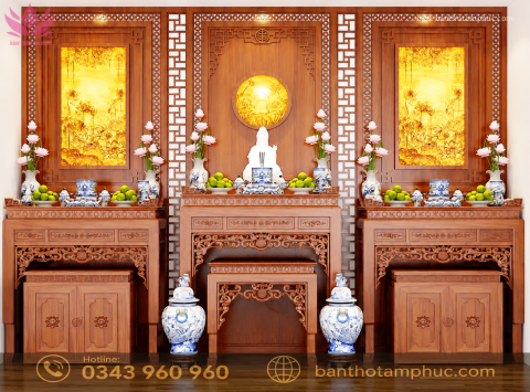 Mẫu phòng thờ đẹp, phòng thờ phật kết hợp gia tiên, trang trí phòng thờ gỗ Hương A14