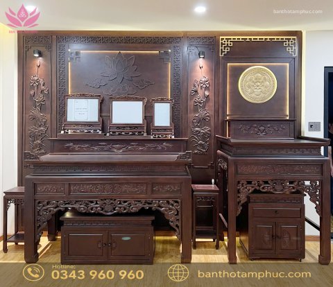 Mẫu phòng thờ đẹp, phòng thờ phật kết hợp gia tiên, trang trí phòng thờ gỗ Hương Đá A23